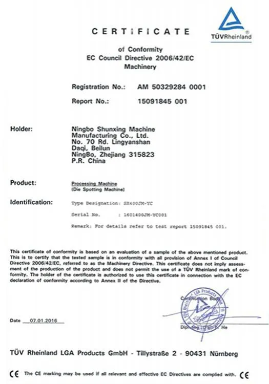 Certificación de máquina de ajuste de moldes CE